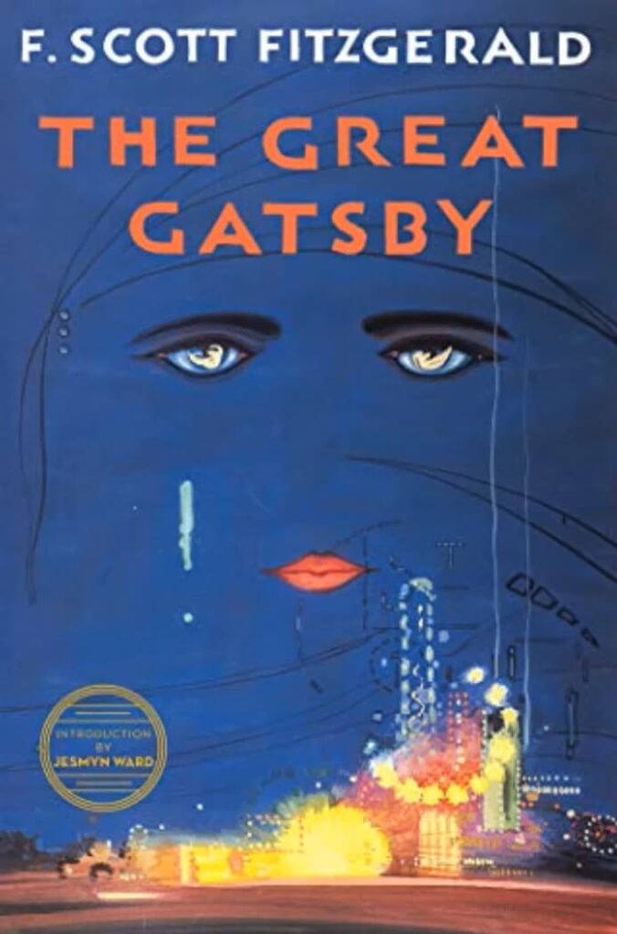 The iconic blue cover of "The Great Gatsby" by F. Scott Fitzgerald.