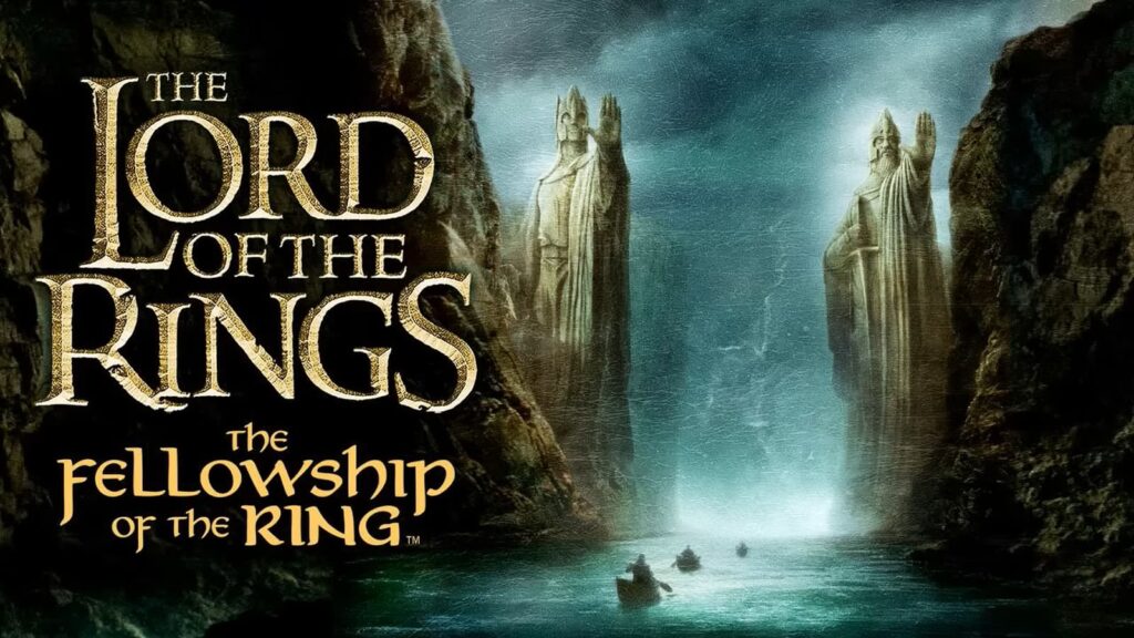 "The Lord of the Rings" film title with iconic Argonath statues on the river.