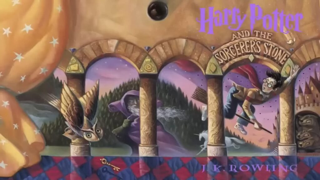 "Harry Potter and the Sorcerer's Stone" cover with key magical elements.