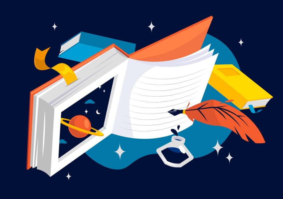 A whimsical illustration of a book with planetary and space elements.
