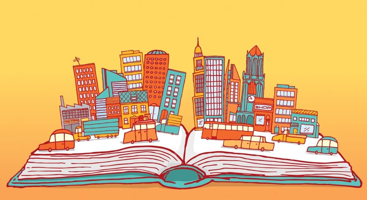 Illustration of a vibrant cityscape emerging from an open book.